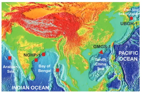 Figure 1. Map of South and Southeast Asia (based on http://www.ngdc.noaa.gov/mgg/image/2minrelief.html) showing the location of recent gas hydrate expeditions NGHP-1 (red squares), GMGS-1 (red triangle), and UBGH-1 (red circle)