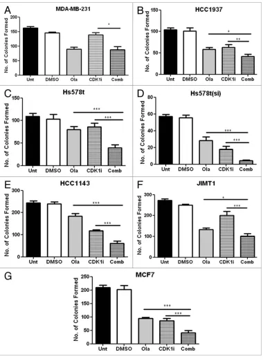 Figure 2. Barcharts illustrating the effect of olaparib (1 µM) alone or in combination with the CDK1 inhibitor, RO-3306 (Merck) (1 µM) on clonogenic survival of a panel of breast cancer cell lines