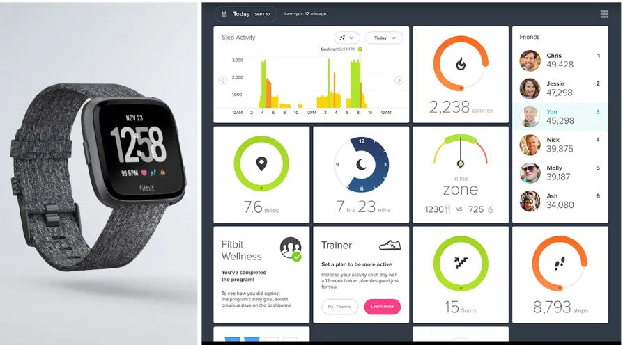 Figure 2.2.6: Fitbit bracelet and web dashboard[14] 