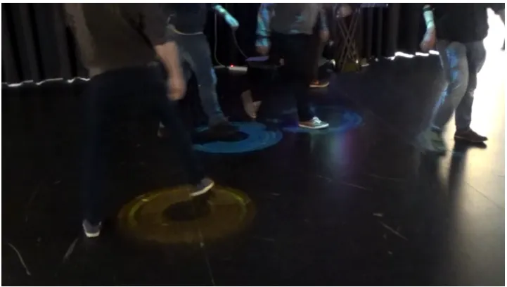 Figure 3: Circles projected on the ﬂoor during the tag game. The orangecircle denotes the tagger.