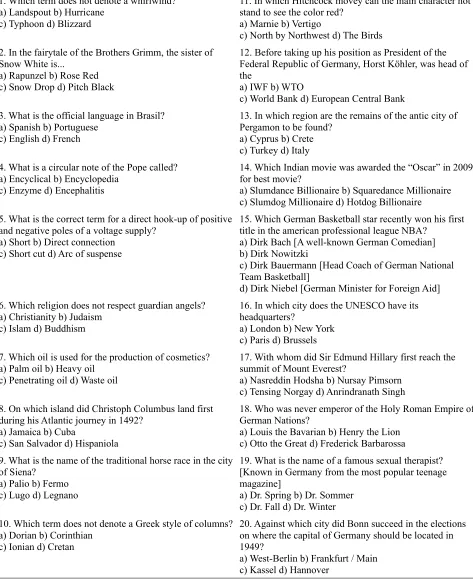 Table A1: Quiz questions and answers