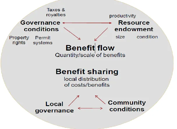 Figure 1: Factors affecting benefit flow and sharing of the benefits in collaborative forest management (horizontal benefit distribution) 