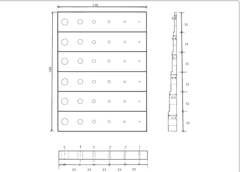 Figure 1 Contrast-detail phantom. Schematic of the contrast detail phantom design. The dimensions of the phantom are 186 mm × 138 mm.Within each row, the separation between the centres of the holes is 23 mm