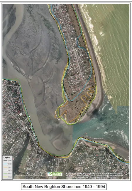 Figure 2.1.2 The migration of the distal end of the New Brighton Spit between 1940 and 1994