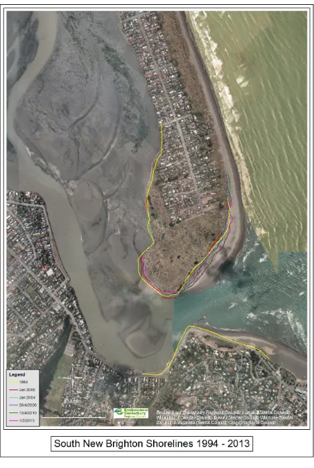 Figure 2.1.3 The migration of the distal end of the New Brighton Spit between 1994 and 2013
