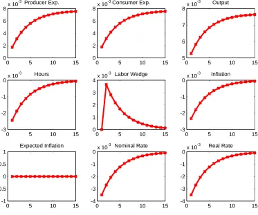 Figure 9: Impulse responses to a positive permanent productivity shock for rule 1 with φy = 0
