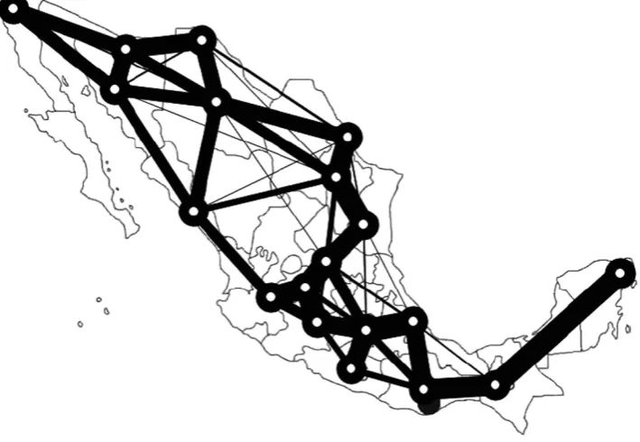 Figure 3. Mexico transport networks developed by the slime mould52. The maps are generated using the experimental results developed by the slime mould