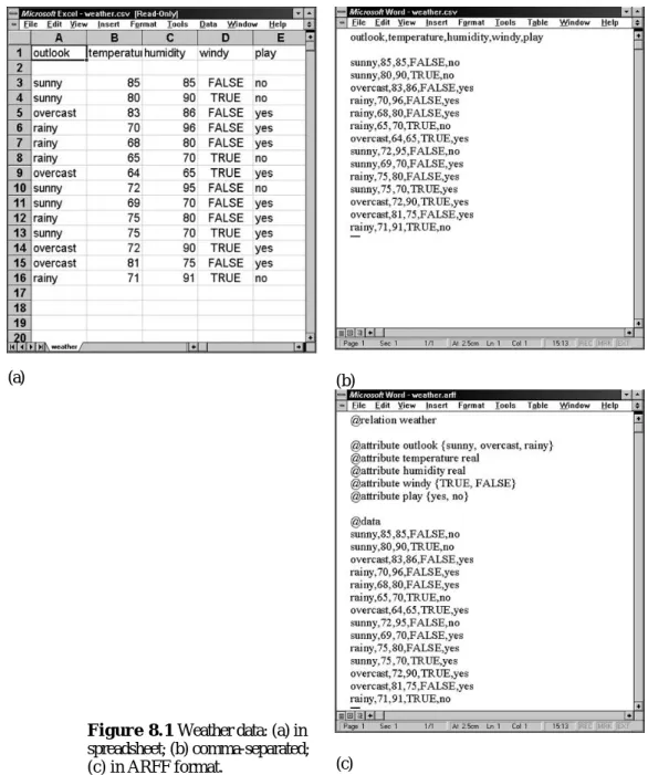 Figure 8.1 Weather data: (a) in spreadsheet; (b) comma-separated;