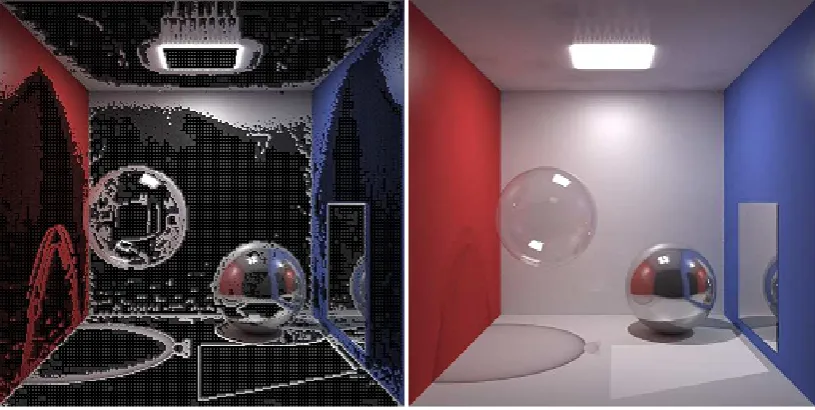 Figure 1.3.1:On the left side is an image that has been adaptively sampled,starting with tiles that are 4 × 4 pixels in size