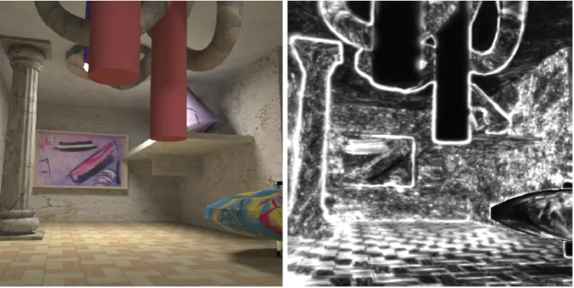Figure 2.3.2:An adaptively rendered scene, showing on the left, utilising anAleph map [YPG01], shown on the right, as guidance