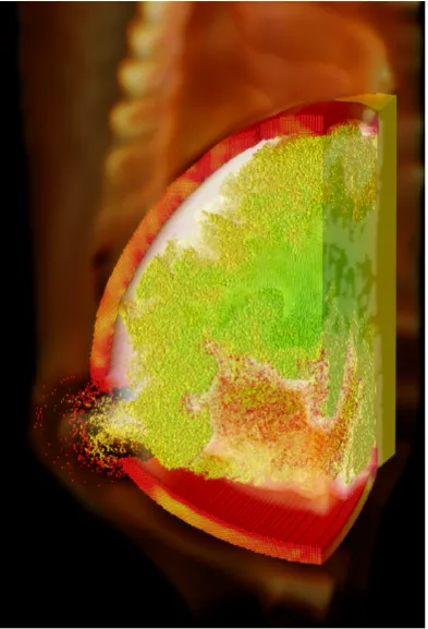 Figure 3.1.1: The Manta interactive raytracer rendering 2.8 million particles asindividual spheres along with the tem-perature ﬁeld as a volume, all at 15 to20fps on a single multi-core desktop PC.Image courtesy of James Bigler [BSP06].
