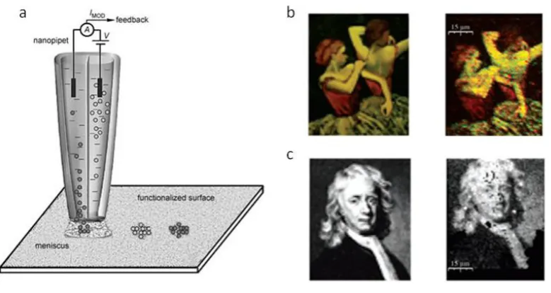 Figure 1-16: A schematic of the double barrel nanopipet system a), b) and c) 