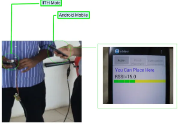 Fig. 13: Picture showing the interface of IITH Mote with a mobile phone and Android application which displays advice.
