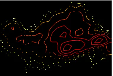 Figure 2: Spatial uncertainty is encoded as gaps in contour lines. The more uncertain, the larger the gaps