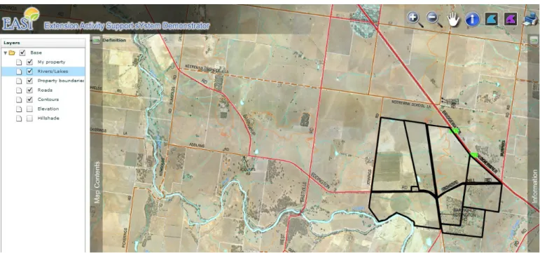 Figure 4. EASY prototype topic package with aerial imagery and polygonal data illustrating  property boundaries, water courses and road networks