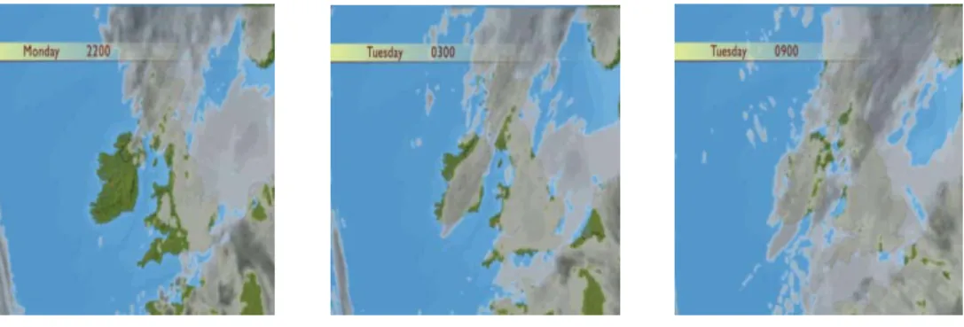 Figure 1. Sequences of still Infra-Red Meteosat Images of UK. Animating the images reveals the changes in cloud cover through  time (BBC weather center, URL 1)