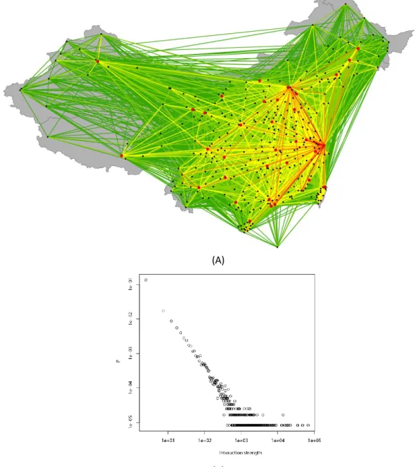 Figure 4. Characteristics of interaction strengths between the 370 cities. (A) Interaction map of  the 370 cities