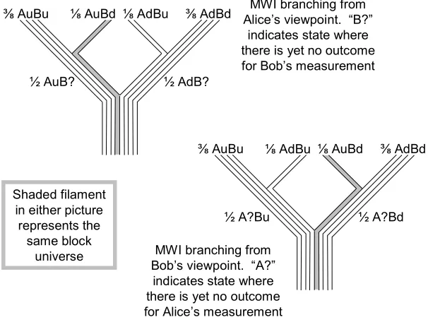 Figure 3: The topology of branching in MWI depends upon the viewer, but the final outcomes are the same: a probability of ⅜ that both Bob and Alice will find an up-spin, a probability of ⅜ that they will both find a down-spin, a probability of ⅛ that Alice