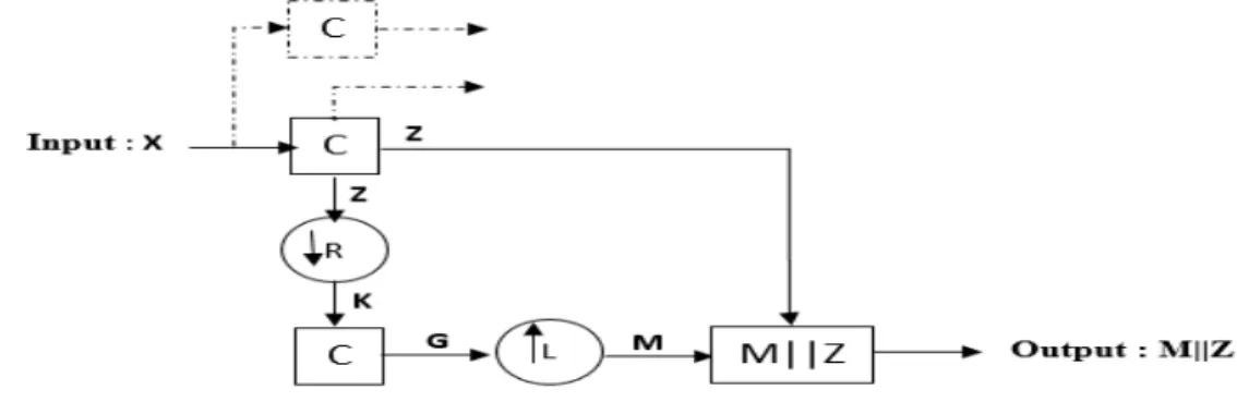 Figure 3: An illustration of visual area V1. C is a convolution operator, Z and G are feature maps, K is the output of Pooling layer, M is a high-resolution feature map, ↓ R is a pooling layer, ↑ L is an upsampling operator, M ||Z is a concatenation layer 