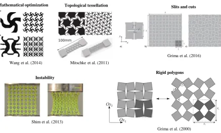 Figure 1.1 Examples of various geometries of auxetic materials obtained via different 