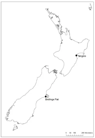 Figure 2.1 Locations of the study sites. Birdlings Flat is on the east coast of the South Island, and Tangoio is on the east coast of the North Island