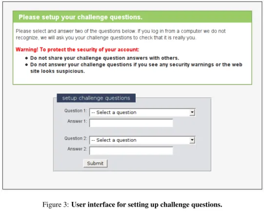 Figure 3: User interface for setting up challenge questions.