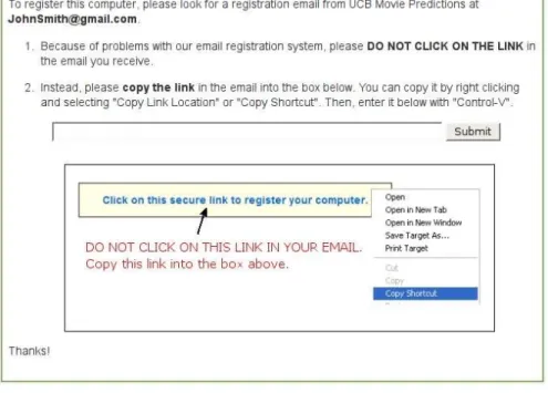 Figure 12: Screenshot of the cut and paste attack against email registration (targeting HTML emails).