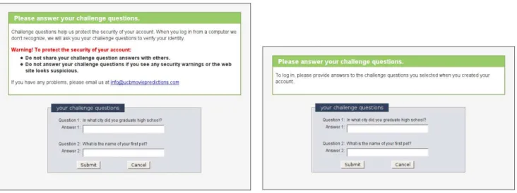 Figure 2. Normal challenge questions interface vs. simulated attack instructions.