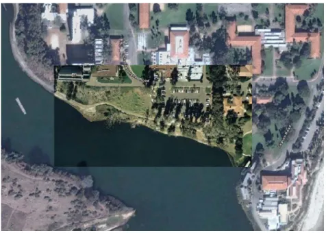 Figure 1: Mashup of a high-resolution image with Google Earth. Note the  approximately 15m offset of the Google Earth base imagery, and the close agreement 
