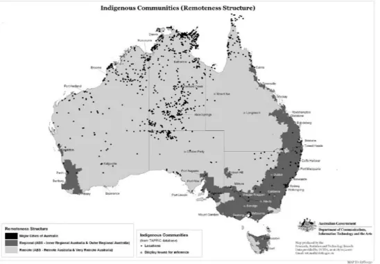 Figure 1: Indigenous communities (remoteness structure) (Department of Communications Information Technology and the Arts, 2006) 