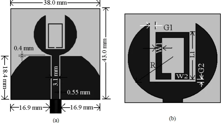 Fig. 1 (a) Proposed UWB antenna with parasitic element, (b) Parasitic element for band-notched characteristic 