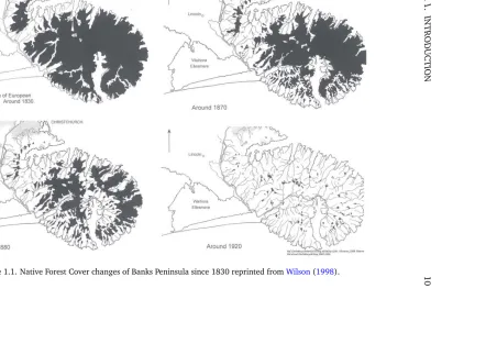Figure 1.1. Native Forest Cover changes of Banks Peninsula since 1830 reprinted from Wilson (1998).