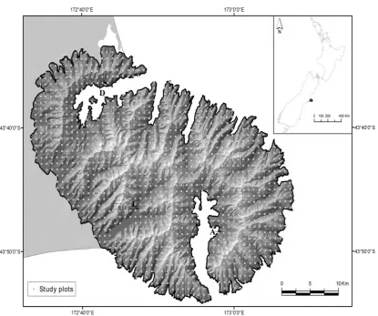 Figure 2.1. Schematic map of Banks Peninsula (c.(inset) and details of the vegetation sampling design