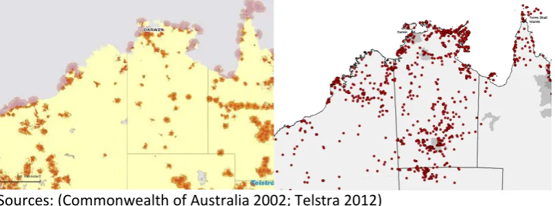 Figure 1. 3G Mobile phone coverage in 2012, compared with discrete remote community locations  