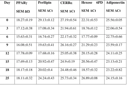 Table 4.3.1The gene expression profile for PPAR, Perilipin, CEBP Hexose-6-Phosphate Dehydrogenase (H6PD) andadiponectin across differentiation
