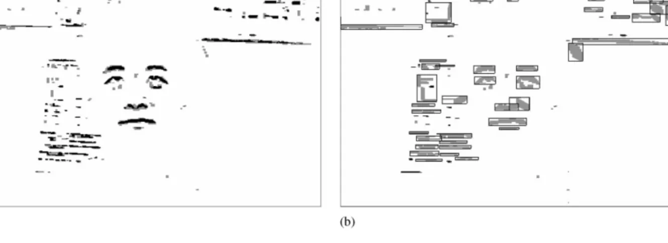 Fig. 2. The eye-analogue segmentation results. (a) The eye-analogue pixels and segments after the closing and clipped di!erent operations, (b) the eye-analogue segments after the conditional dilation and labeling processes.