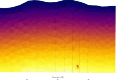 Figure 13: Distribution of temperature in a vertical W-E  cross-section  (in  the  plane  of  the  simulation  wells) during injection and pumping