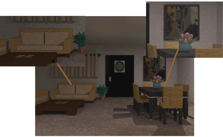 Figure 4.1:Our Selective Rendering approach. The smell emitting object, in thiscase the ﬂowers (close up right), are rendered at a higher quality, 16 rays per pixel,while the remainder of the scene is rendered at a lower quality, 9 rays per pixel, forexample the couch (close up left).