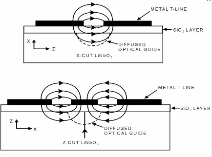 Figure 2 - 3: Schematic cross-section view of a phase modulator in an x-cut lithium niobate crystal (top schematic) and a z-cut lithium niobate crystal (bottom schematic)