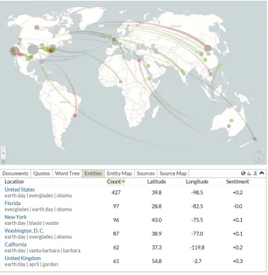 Figure 5. Geographic map and references to locations in conjunction with the search  term “earth day” in Anglo-American news media coverage between March and May 2015 