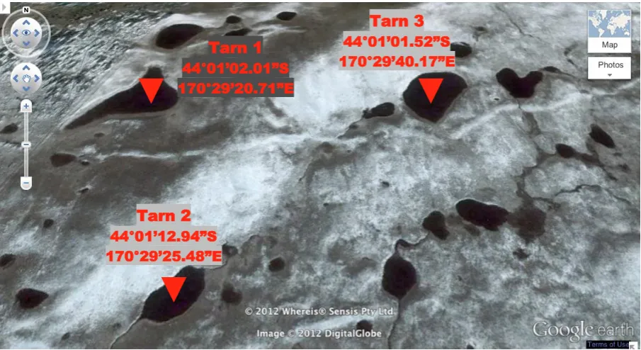 Figure 6. Sample locations in the three tarns from which samples were collected. Each dot shows where water samples, and other data were collected
