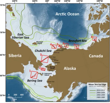 Figure 1.1 Pacific Distributed Biological Observatory (DBO). The DBO focuses multidisciplinary sampling at oceanographic stations in eight regions: five regions extending across a latitudinal gradient from the northern Bering Sea through the Chukchi Sea, a