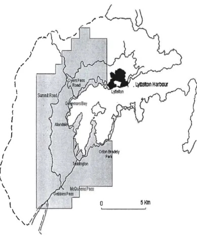 Figure 1. Survey area for Adoryphorus couloni on Banks Peninsula, Canterbury, New Zealand