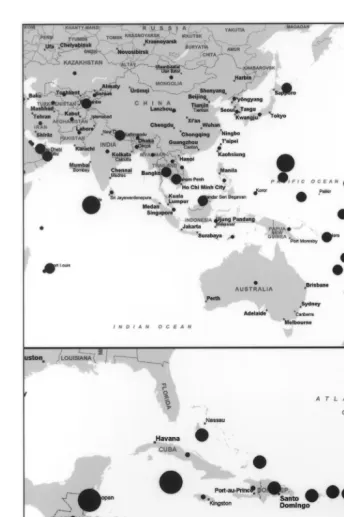 Figure 2. Tourism-related media coverage on the Pacific and Caribbean regions (the size of the blackcircular markers indicates the percentage of tourism coverage in relation to total media coverage).