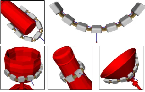 Figure 5.Fig. 5. GRIPPER MODEL FOR GRASPIT! AND EXAMPLESOF GRASPS FROM THE OPTIMIZATION POOL