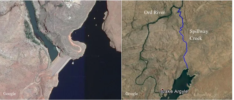 Figure 14.   (left) Lake Argyle Dam on the main channel and (right) the potential bypass (Spillway Creek) of the Lake Argyle Dam on the Ord River, Western Australia
