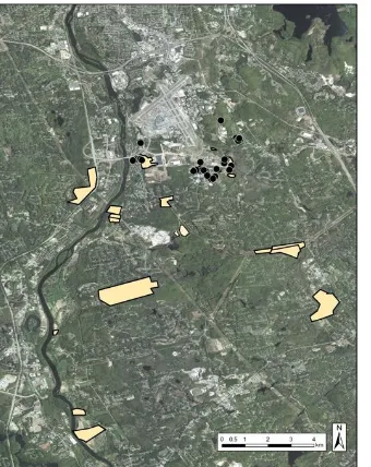 Fig. 1.2  Managed patches reflected as restored habitat suitable for New England cottontail occupancy in a CDPOP restoration scenario simulation are outlined and indicated in tan in the Londonderry, New Hampshire landscape