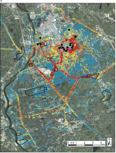 Fig. 1.7 Connectivity mapped with a resistance surface between sampled cottontail individuals and completed habitat projects within a larger restoration landscape in Londonderry