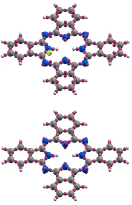 Figure 10. Left: Phthalocyanine (H2Pc) molecule and its valence MLWF centres. Hydrogen atoms
