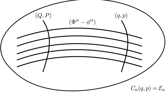 Figure 1: The canonical transformation gives the general coordinates (q, p) lying along the integralcurves of the constraints, Cα(q, p) = Eα, in terms of the ‘initial data’ (Q, P) and the parametersφα.